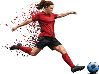 Dynamic female soccer player kicking ball, red uniform, digital dispersion effect, motion concept, athlete silhouette, football art, competitive sportswoman, vector artwork, isolated background