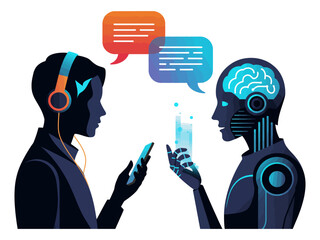 “Digital Human-Robot Conversation Illustration – Minimalist Tech Interaction with Speech Bubbles”