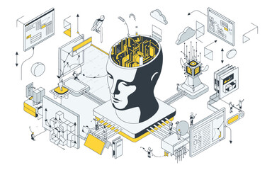 “Isometric AI Concept Illustration – Black and White Head with Yellow Circuitry and Tech Elements”