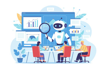 “Collaborative AI Office Scene – Flat Design with Data Analytics and Teamwork”