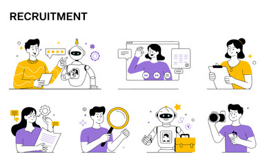 “Human Resources and AI Vector Collection – Flat Design with Robots, Magnifying Glass, and Camera”