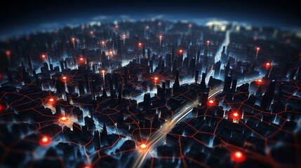 Obraz premium Futuristic Cityscape Network Abstract Aerial View of a Connected Metropolis with Red Nodes