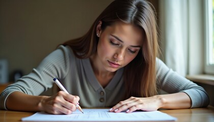 Young woman studying and writing notes at a table in a cozy indoor setting during daytime