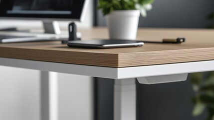 Minimalist Workspace Setup with Standing Desk, Mobile Phone, and Plant