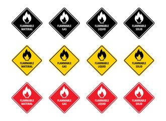 Set of Warning sign for flammable liquids. flammable material. flammable gas. flammable solid.