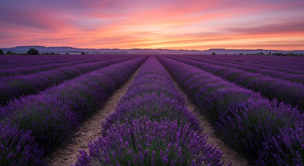 Naklejka premium Lavender field under pastel sunset sky in the background
