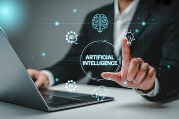 Businessman interacting with artificial intelligence interface on laptop