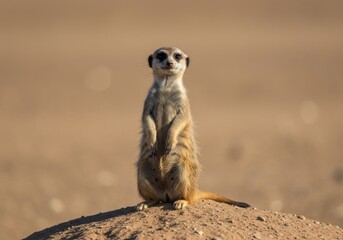 Fototapeta premium Alert meerkat standing on a mound in a desert landscape, observing surroundings