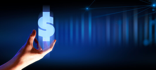 hand of businessman interactive touching a holographic of transaction financial network data...