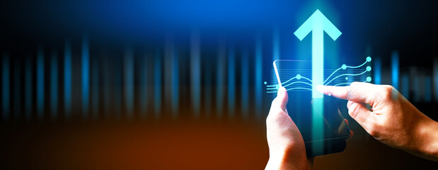 hand of businessman interactive touching a holographic of transaction financial network data...