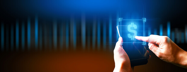 hand of businessman interactive touching a holographic of transaction financial network data...