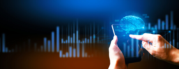hand of businessman interactive touching a holographic of transaction financial network data...