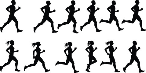 Silhouette sequence of man and woman running, jogging, exercising, fitness training, athletic motion, side view, black outline on white background, isolated vector design for health concept