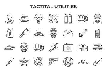 Fototapeta premium Tactical & Military Utilities Vector Icon Set - Editable Line Weight - Soldier, Tank, Parachute, Airplane, Bullets, Truck, Gas Mask, Helmet, Missile, Radio icons