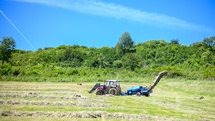 Tractor is baling hay with a round baler creating round bales in a field on a sunny day