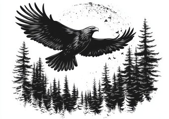 Obraz premium A modern illustration of Wild Nature is depicted through hand-drawn type lettering and silhouettes of a Pine Forest and a Hawk