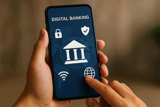 Person using smartphone app for digital banking, secure online transactions, global access