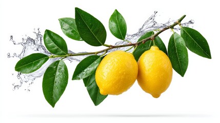 Two lemons hanging from a tree branch with water droplets on them. Concept of freshness and vitality, as the lemons are a symbol of health and wellness