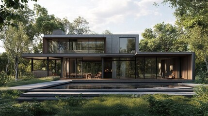 Fototapeta premium A futuristic industrial home with a factory-style exterior, minimalist design, and energy-efficient materials