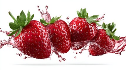 Close up of four strawberries with water splashing around them. The water is coming from the top of the strawberries, creating a sense of motion and energy. The image conveys a feeling of freshness