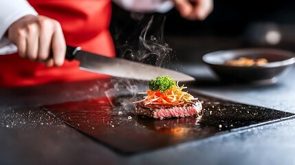 Slicing culinary art japanese chef masterfully preparing gourmet dish in modern kitchen captivating food showcase