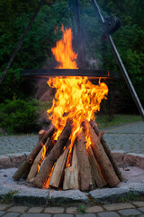 Large pile of wood is burning in a fire pit. The fire is very hot and the flames are orange. The...