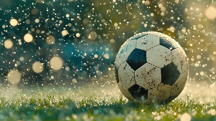 Fototapeta premium Slowmotion football shot outdoor field sports photography rainy environment close-up view action concept