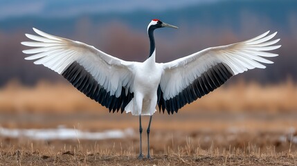 Large white and black bird with a red beak stands in a field. The bird's wings are spread wide, and it is in a relaxed and peaceful state