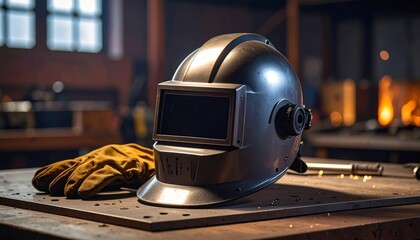 Industrial Welding Helmet on Workbench in Workshop Setting