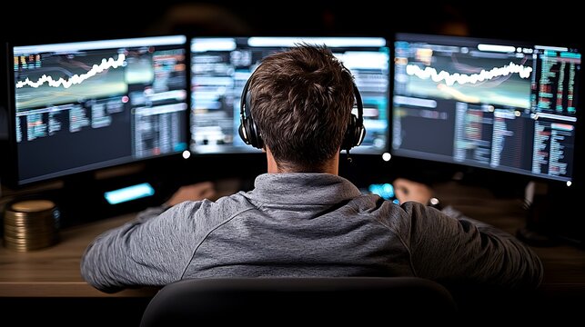 Stock trader analyzing global financial markets office setting digital data nighttime focused perspective
