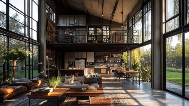 A breathtaking industrial home with towering ceilings, large steel-framed windows, and open loft spaces
