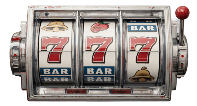 Vintage Slot Machine with Triple Seven Symbols and Cherry Icons on Metallic Frame for Casino or Gaming Theme