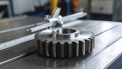 Precision Metal Gear with Calipers on Industrial Workshop Table