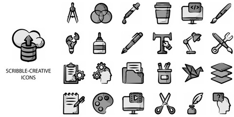 Scribble Creative simple concept 24 hand drawn Grew color icons set .Vector illustration.