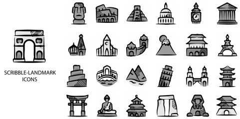 Scribble Landmark simple concept 24 hand drawn Grew color icons set .Vector illustration.