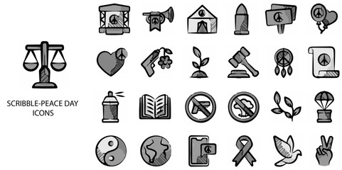 Scribble peace day simple concept 24 hand drawn Grew color icons set .Vector illustration.