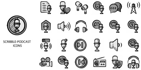 Scribble Podcast simple concept 24 hand drawn Grew color icons set .Vector illustration.