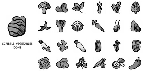 Scribble Vegetable simple concept 24 hand drawn Grew color icons set .Vector illustration.