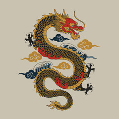 Obraz premium A traditional Asian dragon artwork featuring a fierce, coiled dragon with a golden and black color scheme.