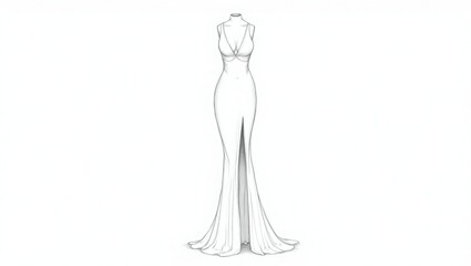 Elegant pencil sketch of a fitted evening gown with a high slit