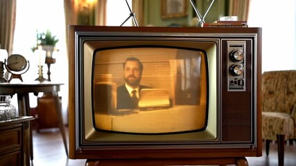 Television screen with vintage tube display showing distorted glitched visuals and subtle neon flicker