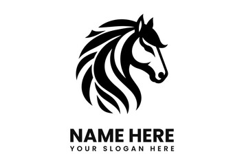 Black and white stylized logo of a horse's head, circular design, place for company name and slogan.