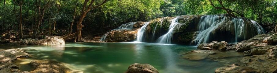 Fototapeta premium In Thailand, a deep forest features a beautiful waterfall with a panoramic view