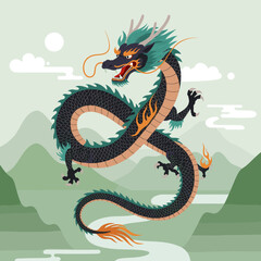 Obraz premium A traditional Asian dragon artwork featuring a fierce, coiled dragon with a golden and black color scheme. Flames and clouds surround the dragon, enhancing its mythical aura.