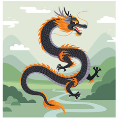 Obraz premium A traditional Asian dragon artwork that is fierce and coiled.