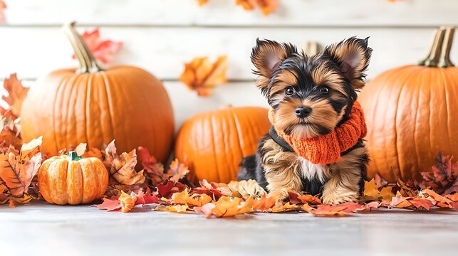 Yorkshire terrier puppy in pumpkin patch autumn scene pet photography cozy environment adorable viewpoint seasonal concept