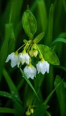 Obraz premium Close-up of delicate white flowers with dew drops, nestled amongst lush green foliage in a natural setting.