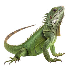 A green iguana stands on a black background. The reptile has a long tail, spiky crest, and distinct facial features. It is a common pet and native to tropical regions.
