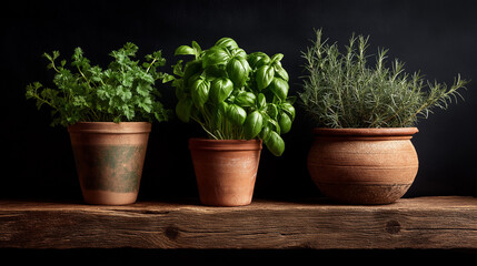Fototapeta premium Three potted green herbs placed on a rustic wooden shelf with a dark moody background, ideal for kitchen, cooking, organic living, or herbal themes
