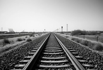 Monochrome image of railway tracks receding into the distance, train, sleepers